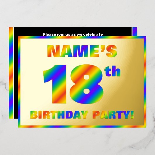 18歳の誕生日パーティー - 楽しい虹のスペクトル「18」 箔招待状 (正面/裏面)