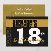 18歳の誕生日パーティー 現代風 ゴールドとブラック 2B7 招待状 (正面/裏面)