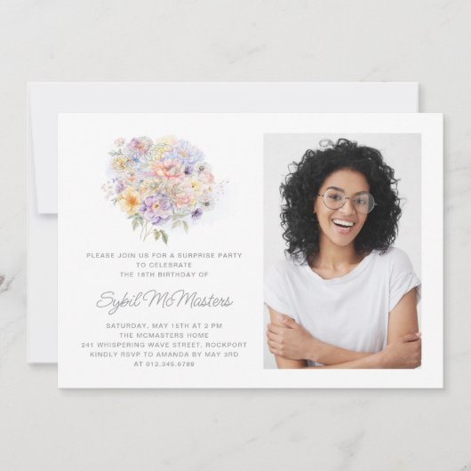 18歳の誕生日パーティー 花束 フォトサプライズ 招待状 (正面)