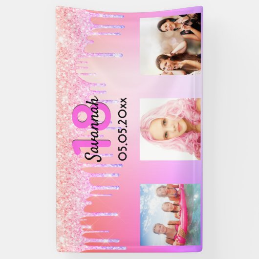 18歳の誕生日ピンクのグリッタードリップス写真 横断幕 (縦)