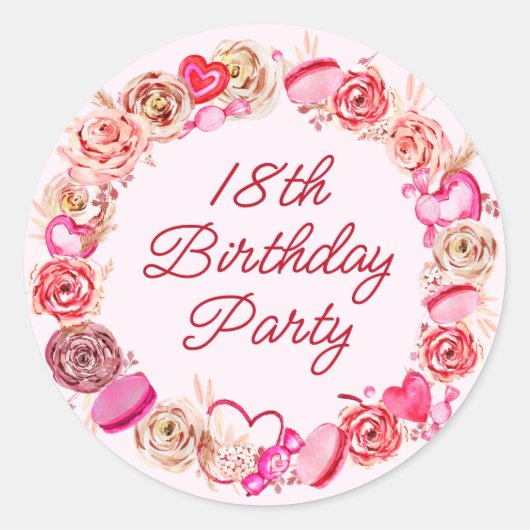 18歳の誕生日ピンクのバラの渦巻きハート封筒 ラウンドシール (正面)