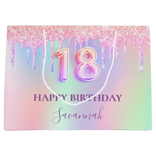 18歳の誕生日ピンクの紫はホログラフィックを乾燥させる ラージペーパーバッグ (正面)