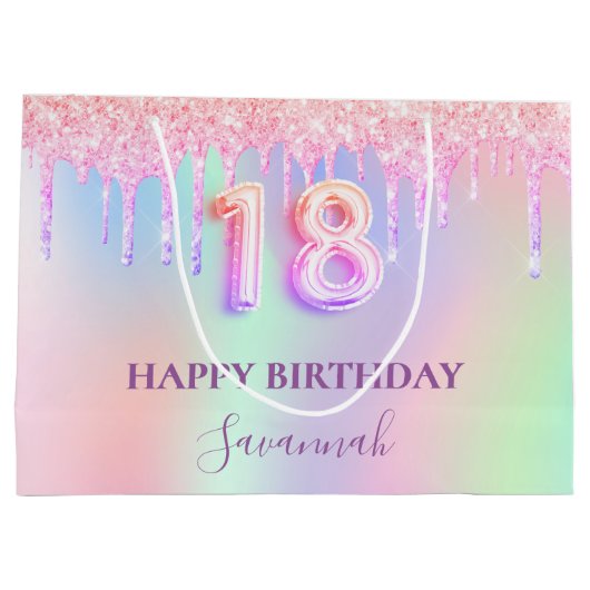18歳の誕生日ピンクの紫はホログラフィックを乾燥させる ラージペーパーバッグ (裏面)