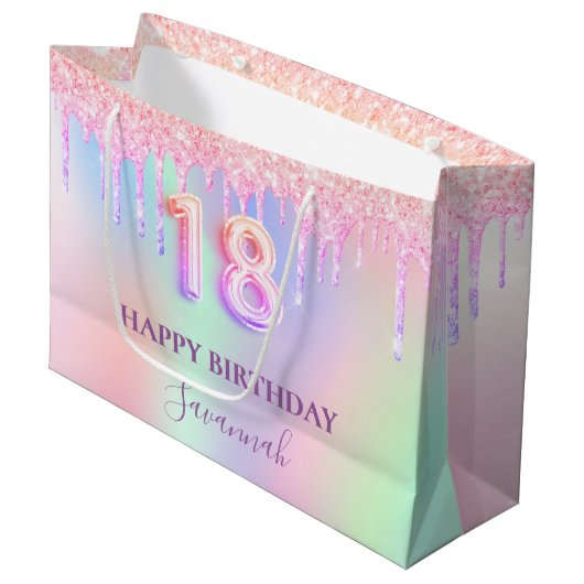 18歳の誕生日ピンクの紫はホログラフィックを乾燥させる ラージペーパーバッグ (正面アングル)