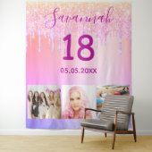 18歳の誕生日ピンクパープル写真グリッター垂れ名前 タペストリー (インサイチュ)