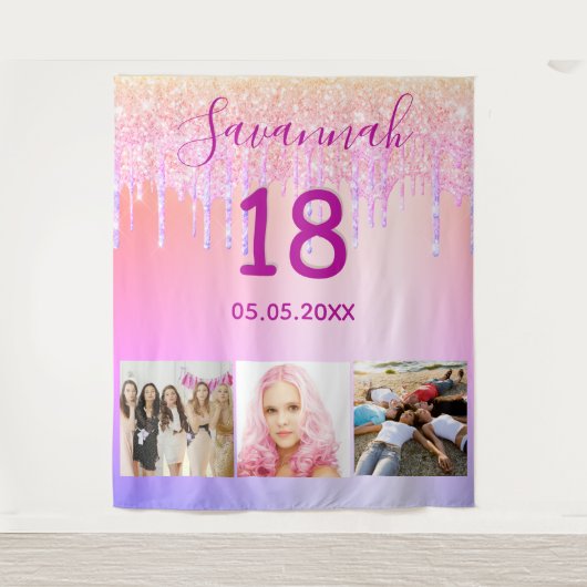 18歳の誕生日ピンクパープル写真グリッター垂れ名前 タペストリー (正面)