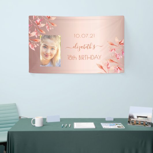 18歳の誕生日フォトバラ金ゴールドピンク花模様秋 横断幕 (トレードショー)