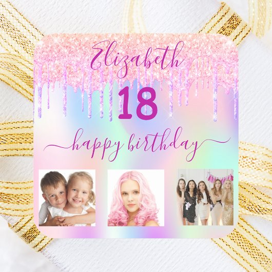 18歳の誕生日フォトピンクグリッターホログラフィック スクエアシール