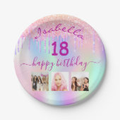 18歳の誕生日フォトピンク紫ホログラフィック ペーパープレート (正面)