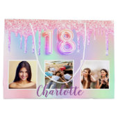 18歳の誕生日フォトピンク紫ホログラフィック ラージペーパーバッグ (裏面)