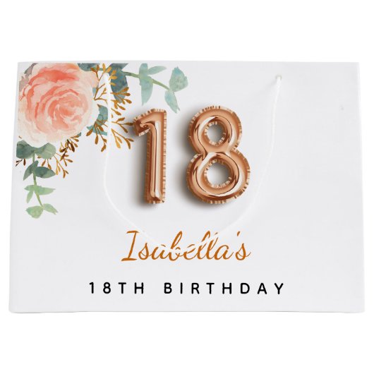 18歳の誕生日フローラバラ金ゴールドユーカリ誕生日 ラージペーパーバッグ (正面)