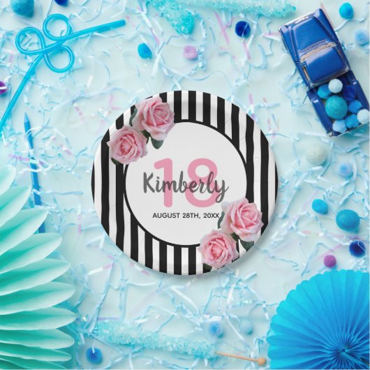 18歳の誕生日ブラックストライプ花模様 ペーパープレート (パーティー)