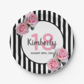 18歳の誕生日ブラックストライプ花模様 ペーパープレート (正面)