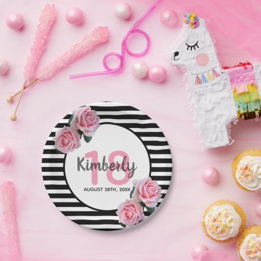 18歳の誕生日ブラックストライプ花模様 ペーパープレート (パーティー)
