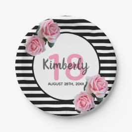 18歳の誕生日ブラックストライプ花模様 ペーパープレート