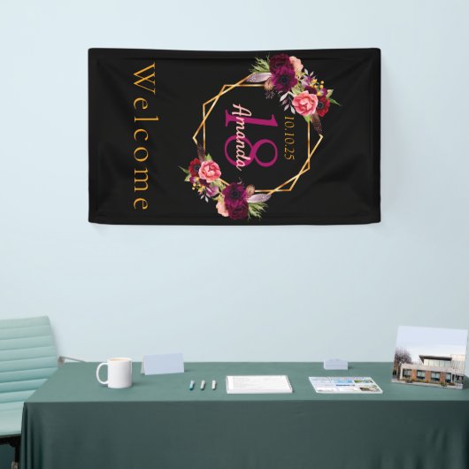 18歳の誕生日ブラックフローラ金ゴールド幾何学的ブルゴーニュ 横断幕
