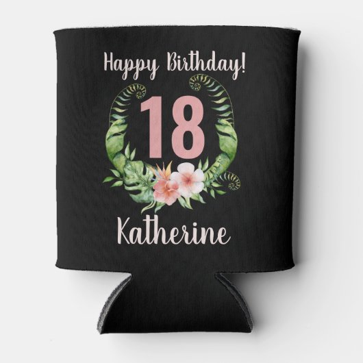 18歳の誕生日ブラックフローラ 缶クーラー (正面)