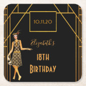 18歳の誕生日ブラック金ゴールド1920年代のアートデコ スクエアペーパーコースター (正面)