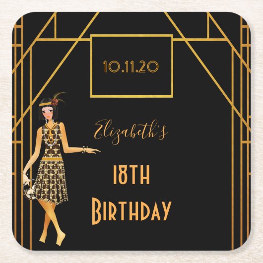 18歳の誕生日ブラック金ゴールド1920年代のアートデコ スクエアペーパーコースター (正面)