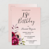 18歳の誕生日ブルゴーニュバラ金ゴールドフローラ招待 ポストカード (正面/裏面)