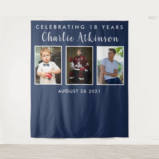 18歳の誕生日写真コラージュ背景バナー タペストリー (正面)