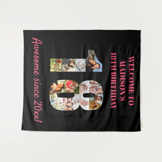 18歳の誕生日写真コラージュ ピンクとブラックの背景 タペストリー (正面(横))