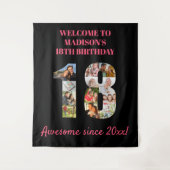 18歳の誕生日写真コラージュ ピンクとブラックの背景 タペストリー (正面)