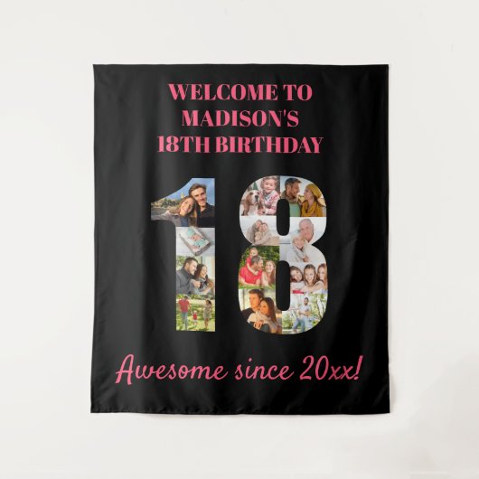 18歳の誕生日写真コラージュ ピンク ブラック バックドロップ タペストリー (正面)