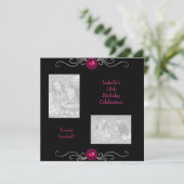 18歳の誕生日写真 黒 銀 ピンクのジュエルトリム 招待状 (スタンド正面)