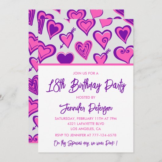 18歳の誕生日招待状グラムピンクハート 招待状 (正面/裏面)