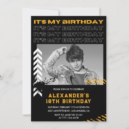 18歳の誕生日招待状メンズフォトスプレー絵を描 招待状 (正面)