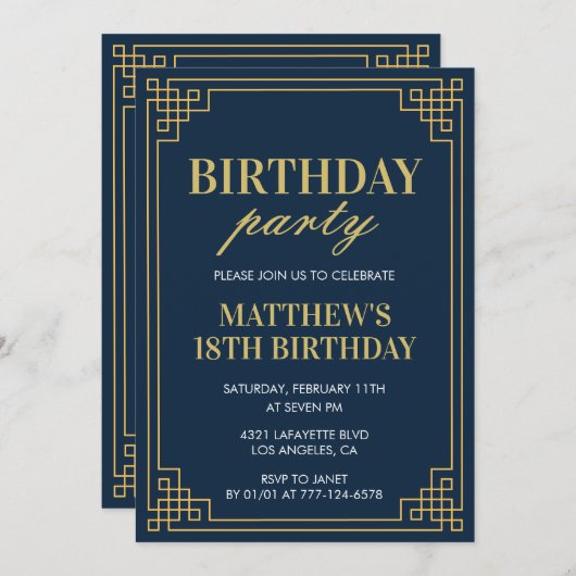 18歳の誕生日招待状誕生日パーティー少年の海軍 招待状 (正面/裏面)