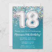 18歳の誕生日招待状 ティール シルバー グリッター 招待状 (正面)