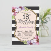 18歳の誕生日招待状 女性 フラワー ゴールド ブラック 招待状 (スタンド正面)