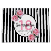 18歳の誕生日白黒ストライプピンクのバラの名前 ラージペーパーバッグ (正面)