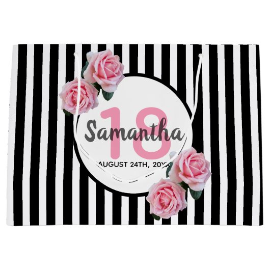 18歳の誕生日白黒ストライプピンクのバラの名前 ラージペーパーバッグ (正面)