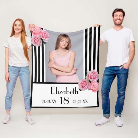 18歳の誕生日白黒ストライプフローラ写真 フリースブランケット (インサイチュ)