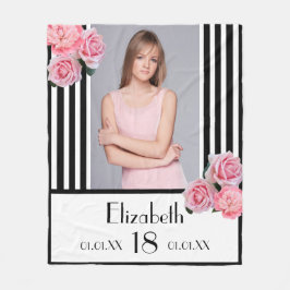 18歳の誕生日白黒ストライプフローラ写真 フリースブランケット