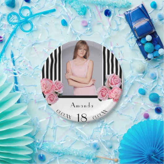 18歳の誕生日白黒ストライプ花模様写真 ペーパープレート (パーティー)