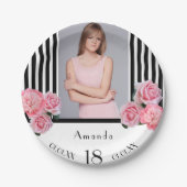 18歳の誕生日白黒ストライプ花模様写真 ペーパープレート (正面)