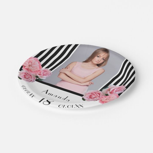 18歳の誕生日白黒ストライプ花模様写真 ペーパープレート (アングル)