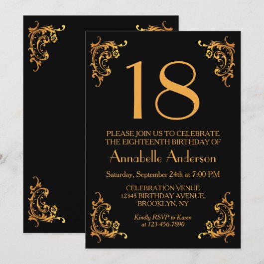 18歳の誕生日豪華 現代風 ゴールド ブラック ヴィンテージ レトロ 招待状 (正面/裏面)