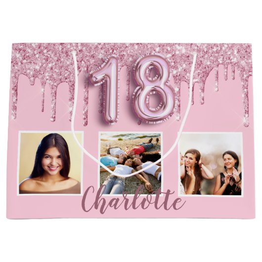 18歳の誕生日赤面ピンクグリッタードリップフォト名 ラージペーパーバッグ (正面)