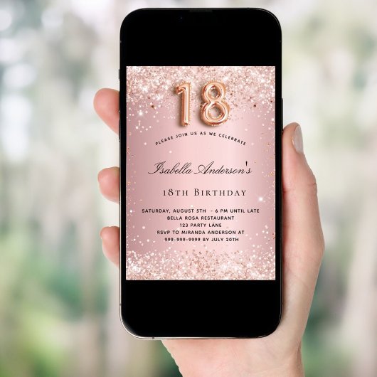 18歳の誕生日赤面ピンクローズ金ゴールドグリッター 招待状