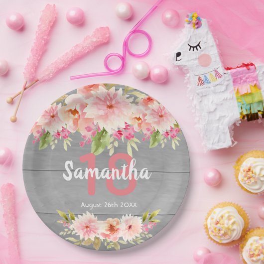 18歳の誕生日赤面花模様灰色の木の素朴な ペーパープレート (パーティー)