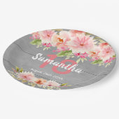 18歳の誕生日赤面花模様灰色の木の素朴な ペーパープレート (アングル)