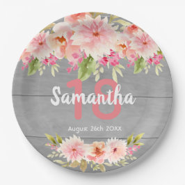 18歳の誕生日赤面花模様灰色の木の素朴な ペーパープレート