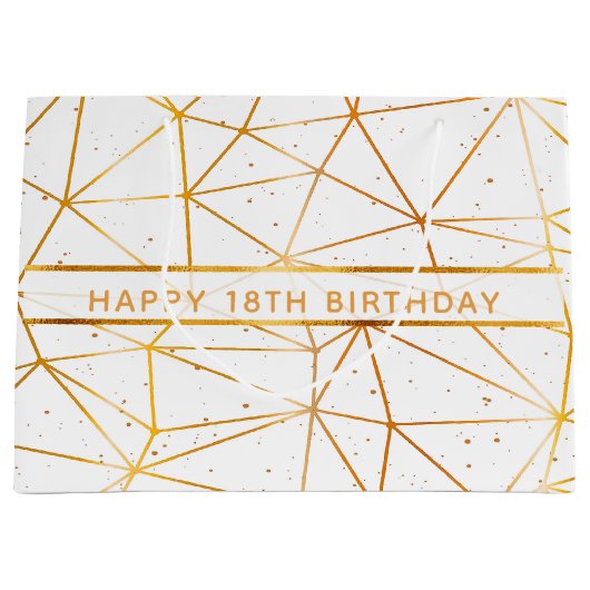 18歳の誕生日金ゴールド幾何学模様ホワイト ラージペーパーバッグ (正面)