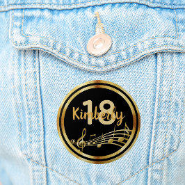 18歳の誕生日金ゴールド音楽ノートスタイリッシュブラック 缶バッジ