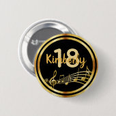 18歳の誕生日金ゴールド音楽ノートスタイリッシュブラック 缶バッジ (正面&裏面)